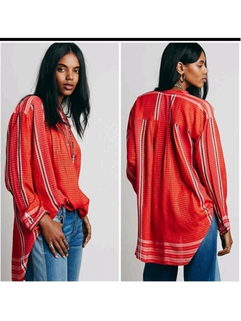 Free People Yarn Dye Lurex Tunic Top Boho Stripe Red Orange Sz S